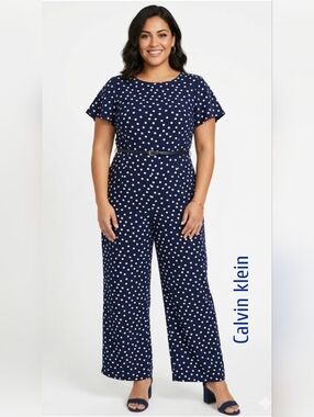 Calvin Klein Navy and White Polka Dot Jumpsuit Size 10 NWT